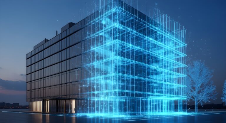 Commercial office building with a glowing blue digital twin wireframe overlay showing real-time data monitoring of building systems and smart building technology