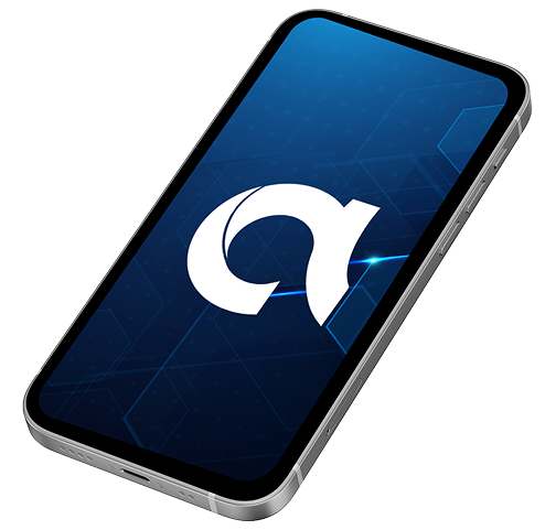 Angled smartphone showing a blue gradient screen with a large white stylized 'a' logo.