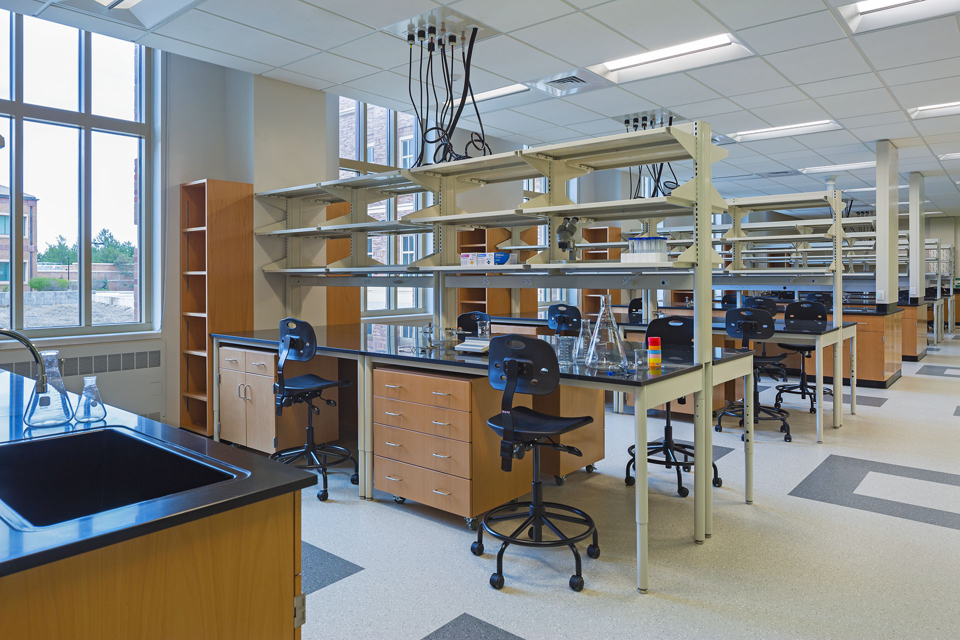 Bright chemistry lab with long benches, stools, and shelving units filled with glassware on a sunny row of windowside benches.